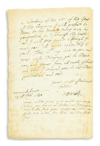 RICH, ROBERT; 2ND EARL OF WARWICK. Autograph Letter Signed, Warwicke, to his son-in-law Edward Montagu (Son),